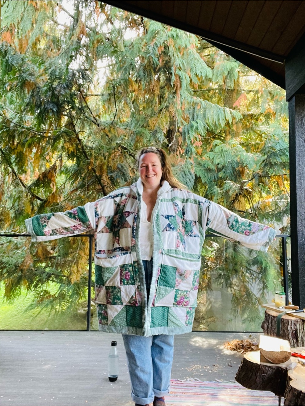 Handmade green Xmas start long quilted jacket OS
